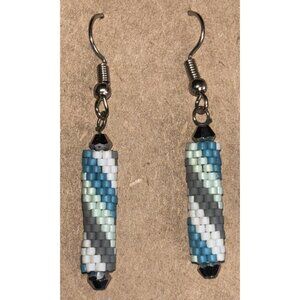 Handmade Beaded Cylinder Dangle Earrings Teal White Gray Silver Tone Hooks‎